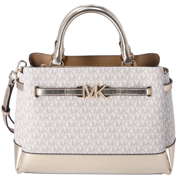 Michael Kors Reed Large Belted Satchel Vanilla MK Signature Pale Gold - Picture 1 of 7